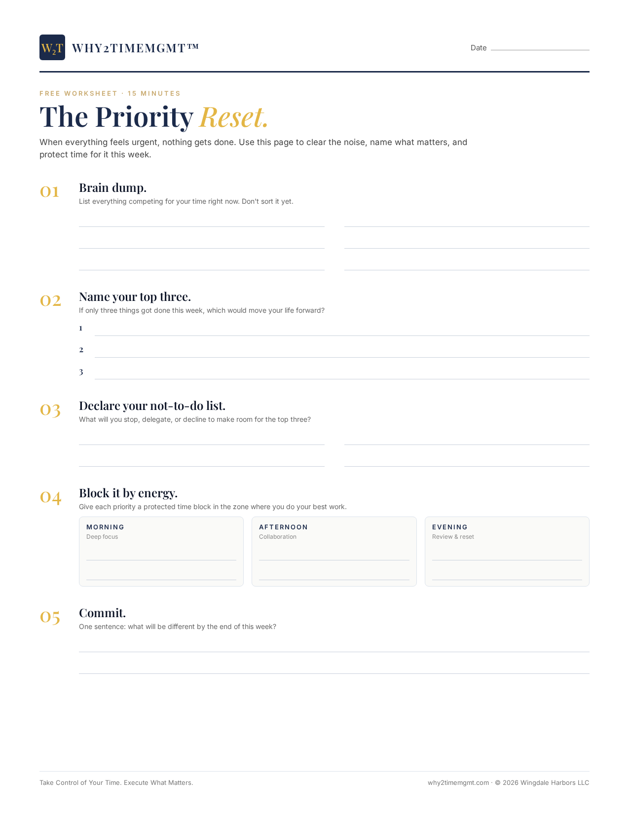 Preview of the WHY2TIMEMGMT Priority Reset printable worksheet